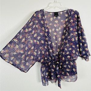 ELLA MOSS Sheer Kimono Cover Blouse Medium Purple Floral Tie Waist Fairycore